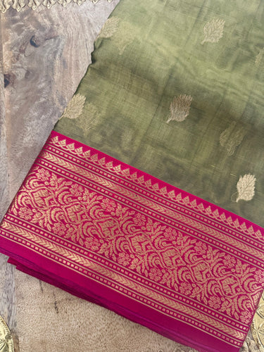 Chanderi Silk Saree | Handwoven | Silk | Light Moss Green & Pink | Gold Zari | Ships from California